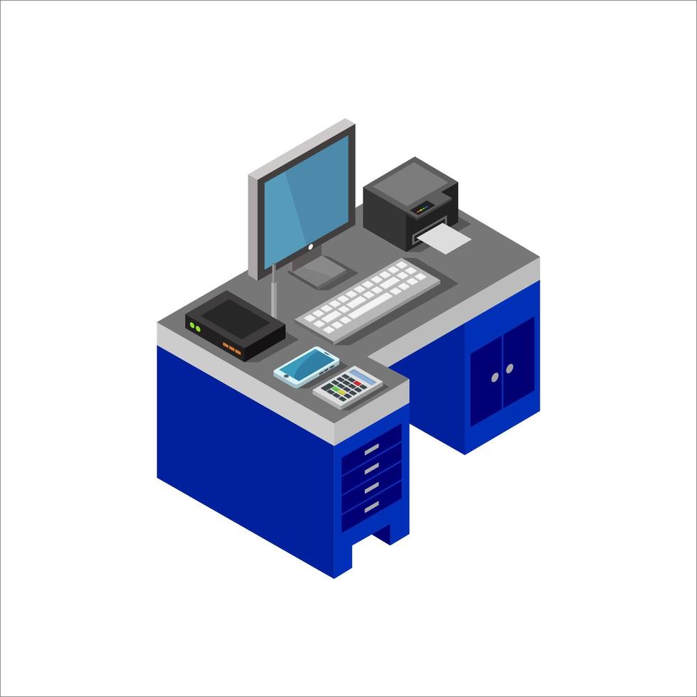 escritorio de oficina isométrico ilustrado sobre fondo blanco vector