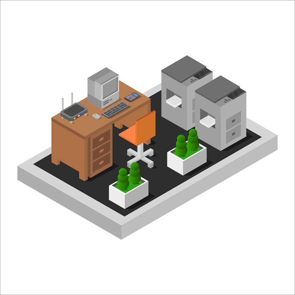 Office Desk Isometric Illustrated On White Background vector