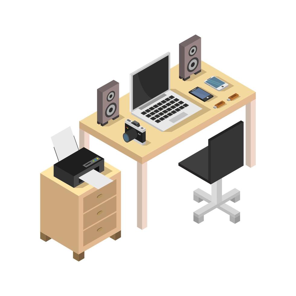 Isometric Office Desk On White Background vector