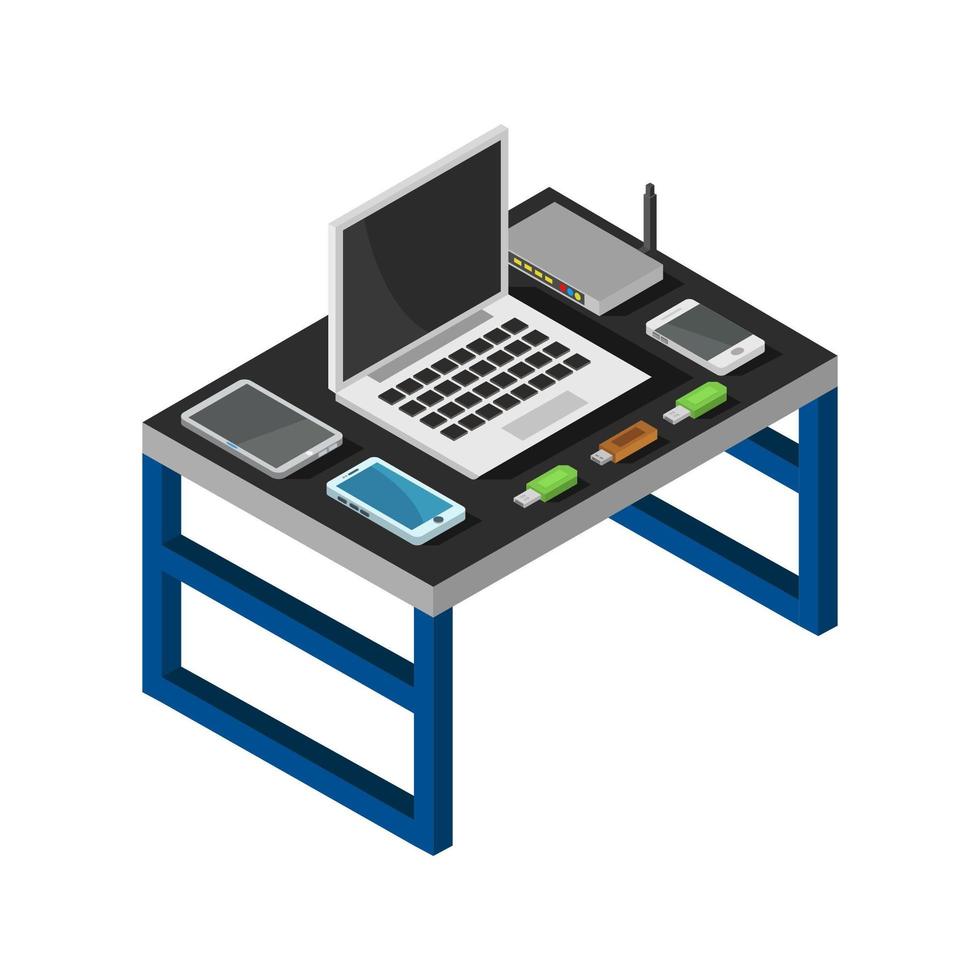 Isometric Office Desk On White Background vector