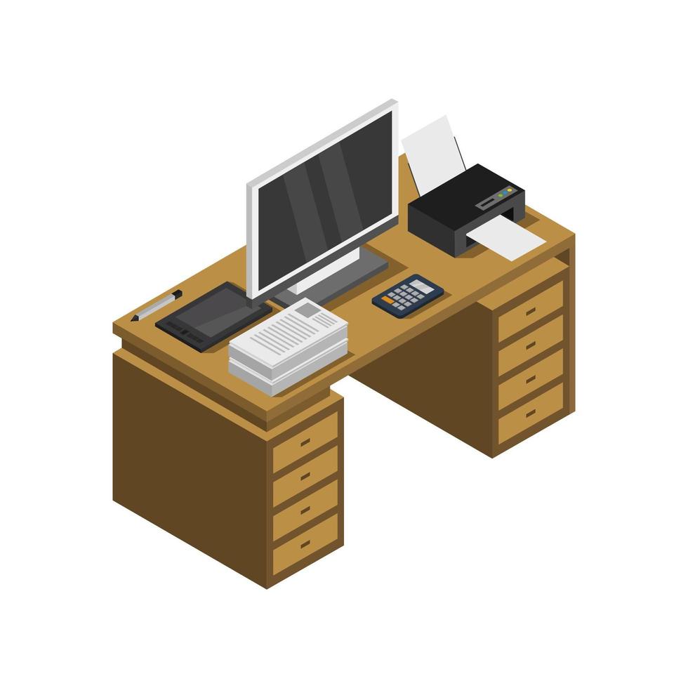 Isometric Office Desk On White Background vector