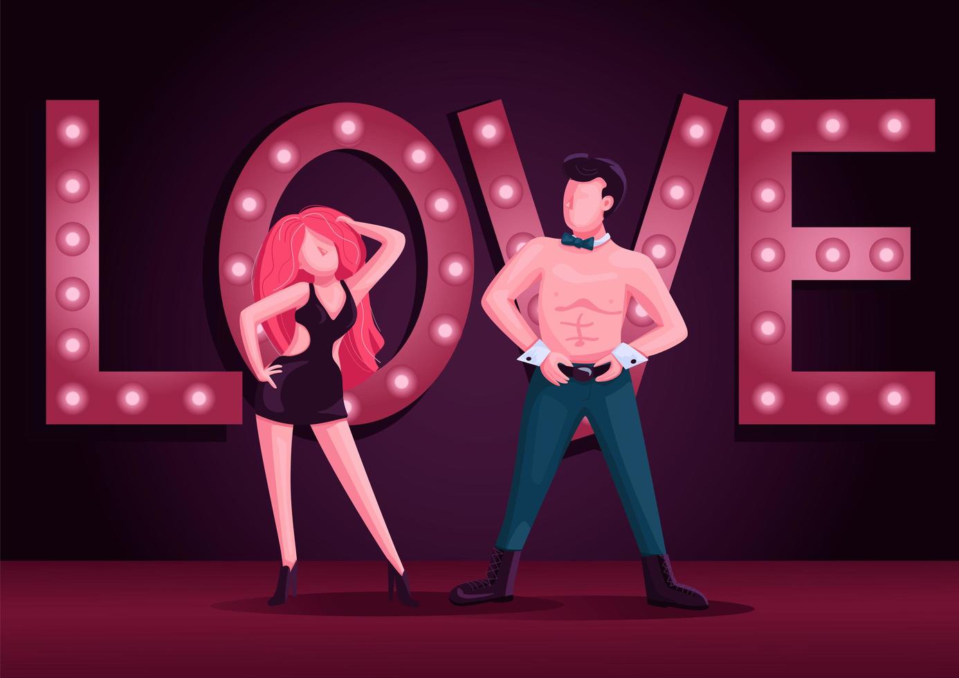 Male and female strip dancers flat color vector illustration