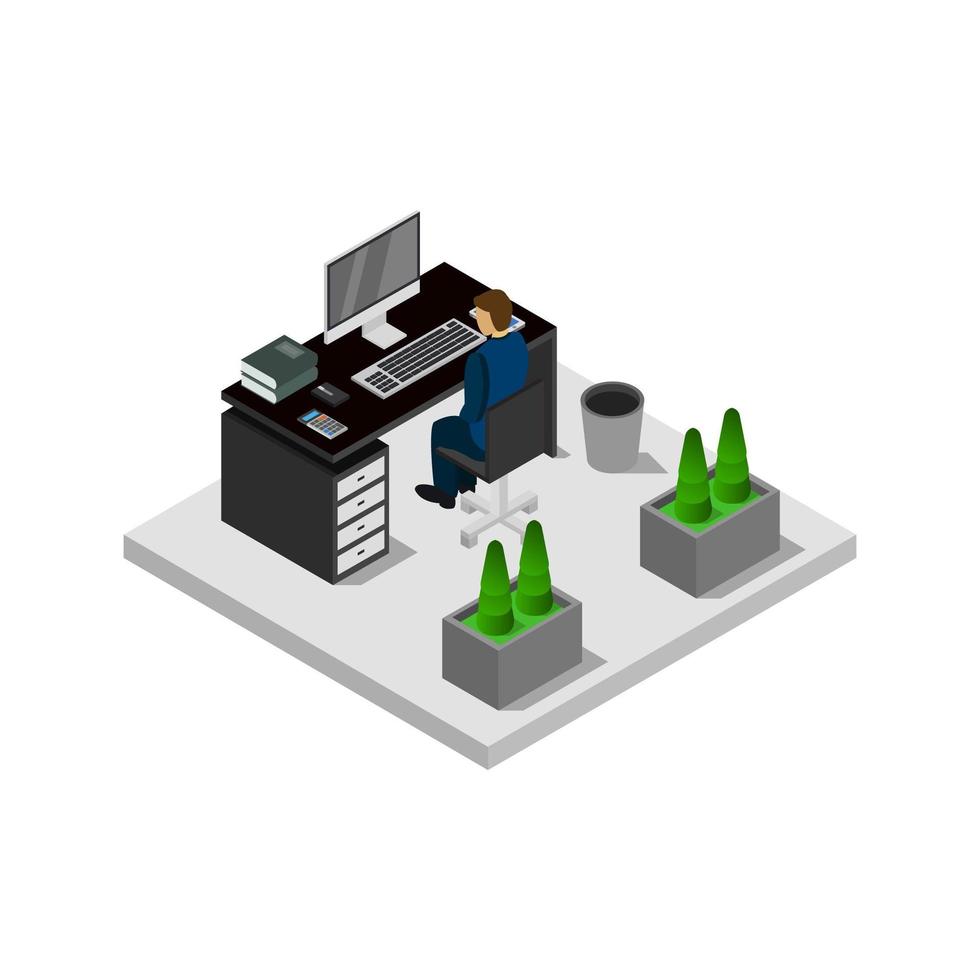 Isometric Office Desk On White Background vector