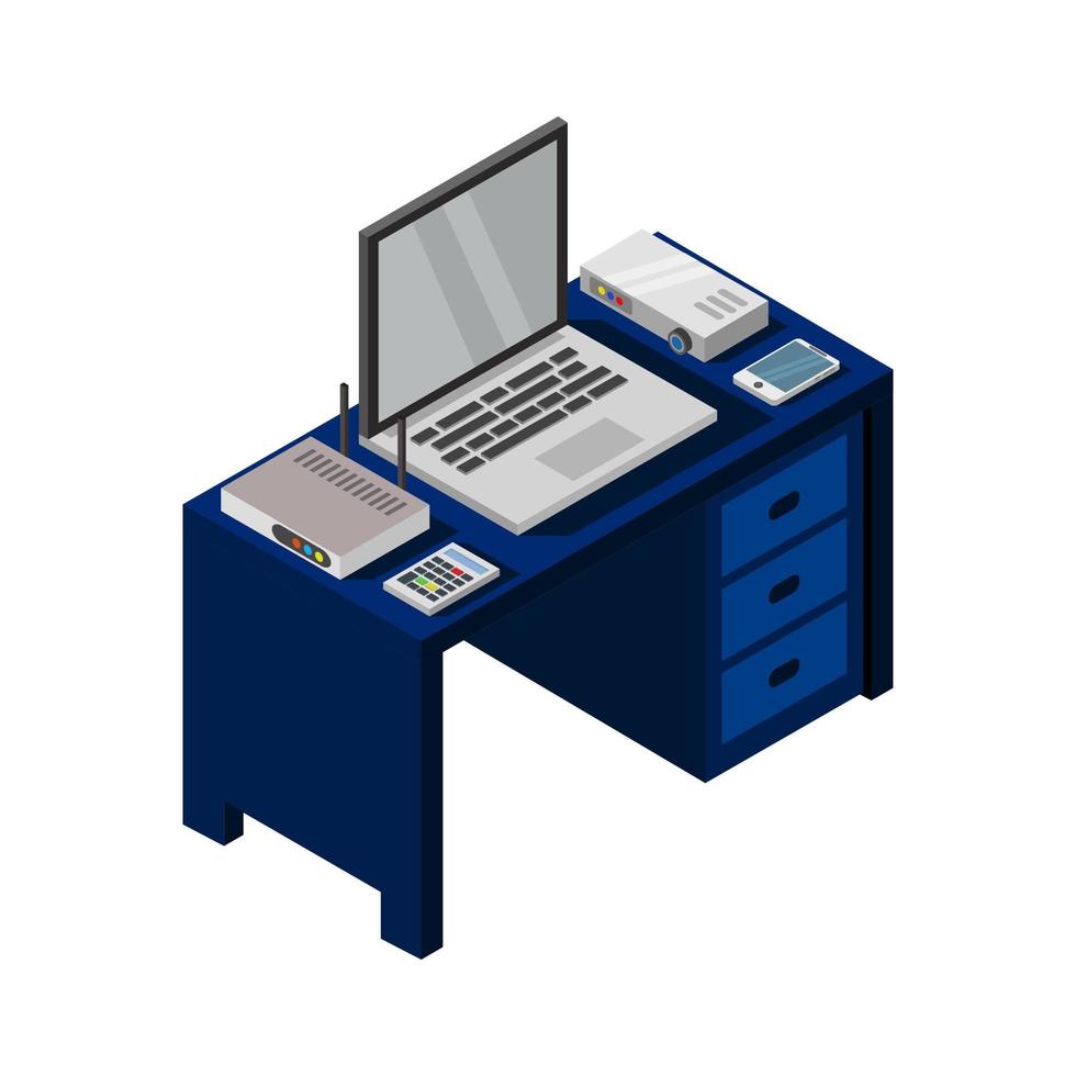 Isometric Office Desk On White Background vector