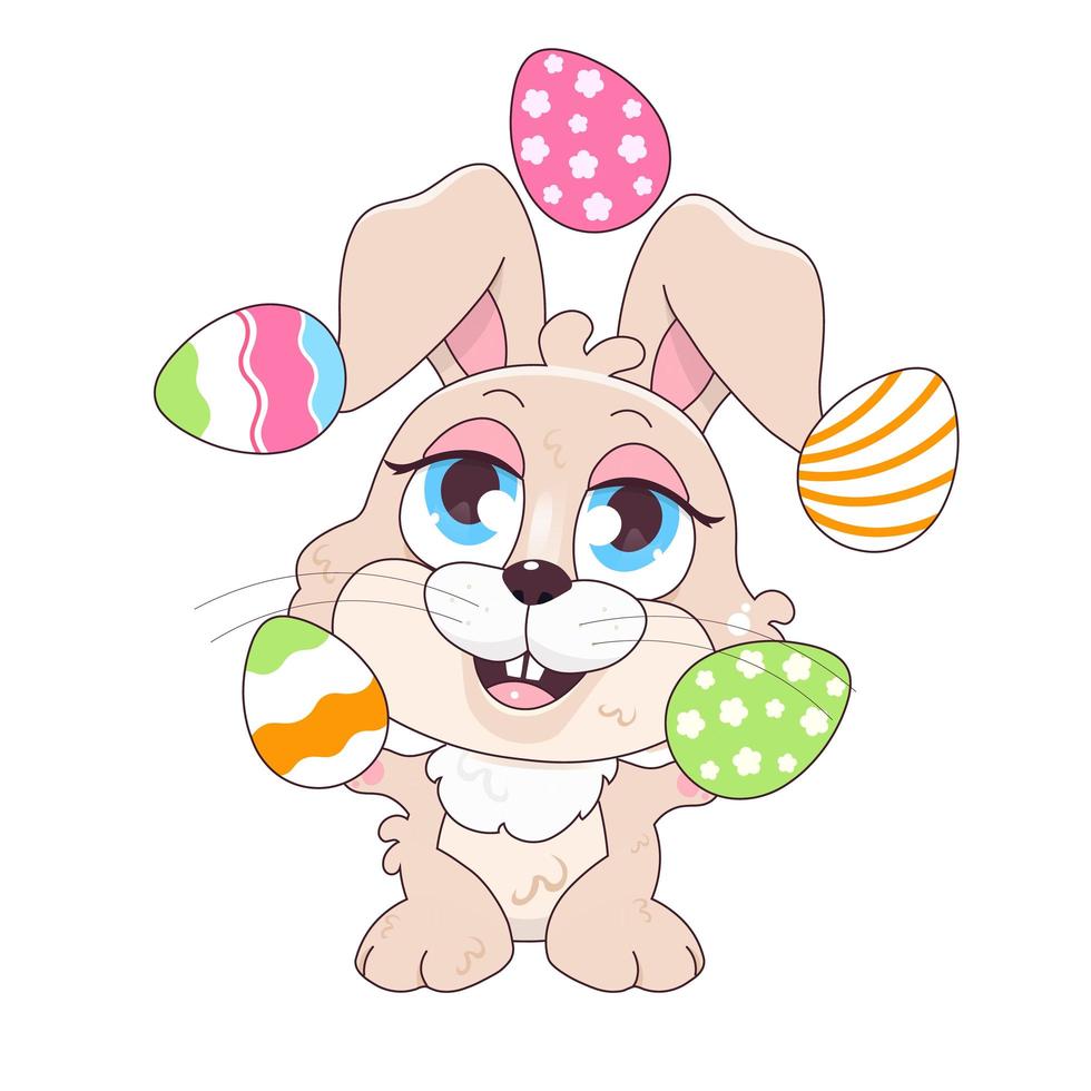 Cute bunny juggling Easter eggs kawaii cartoon vector character