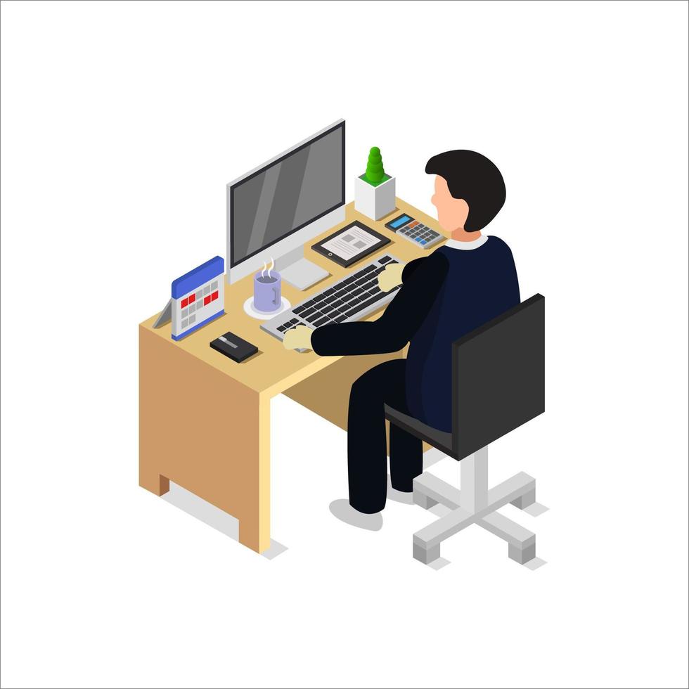 Man and Office Desk Isometric Illustrated On White Background vector