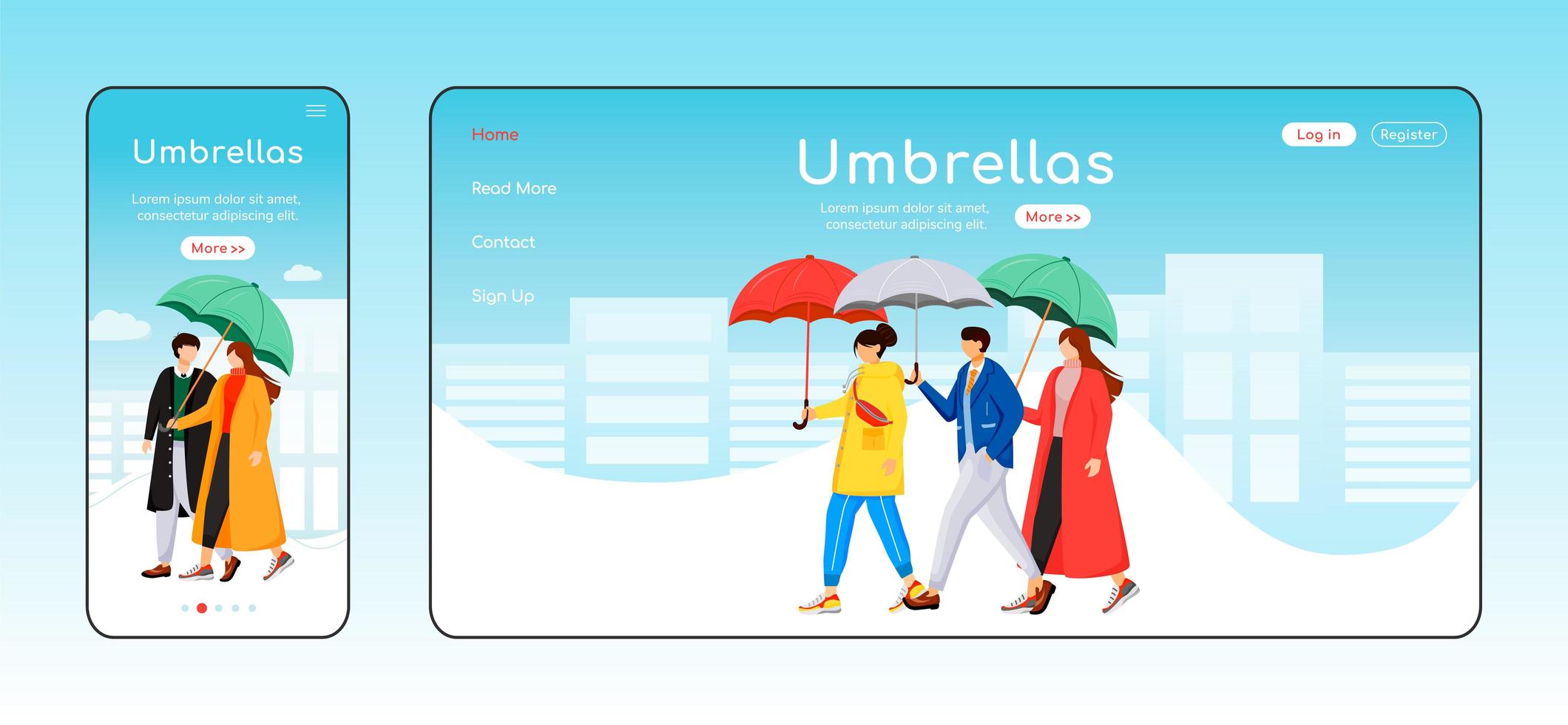 Umbrellas landing page flat color vector template