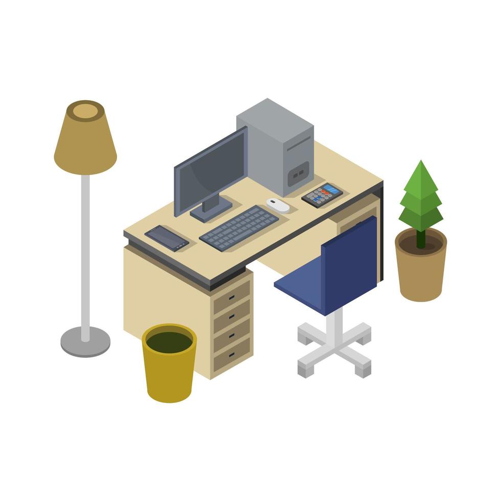 Isometric Office Desk On White Background vector