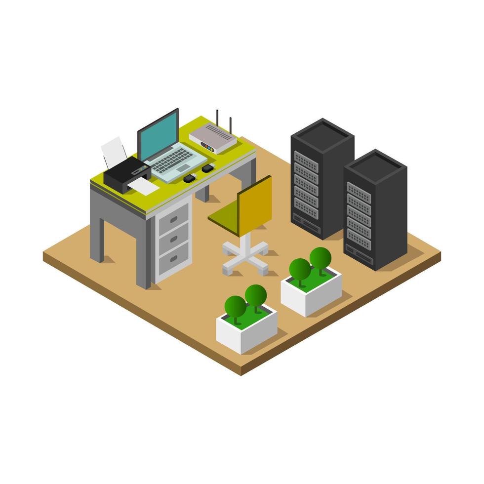 Isometric Office Desk On White Background vector