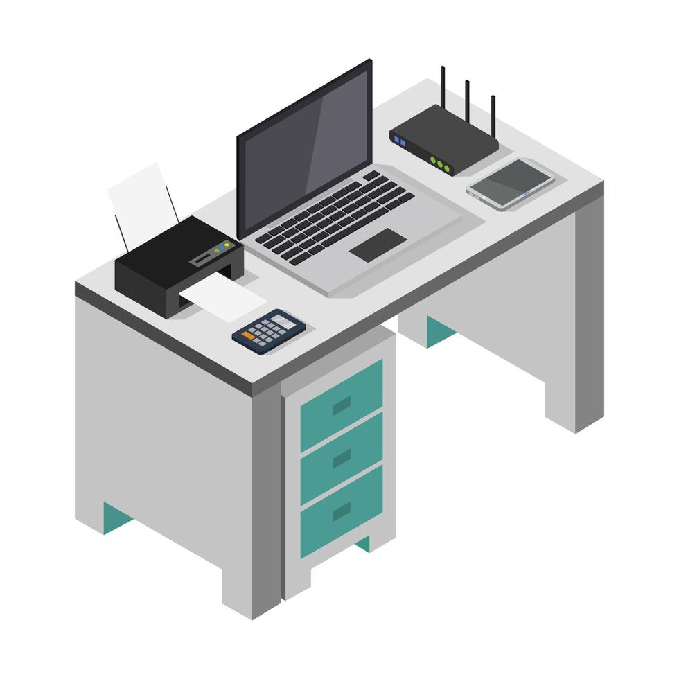 Isometric Office Desk On White Background vector