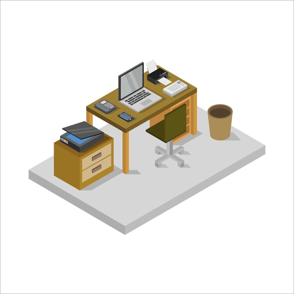 Office Desk Isometric Illustrated On White Background vector