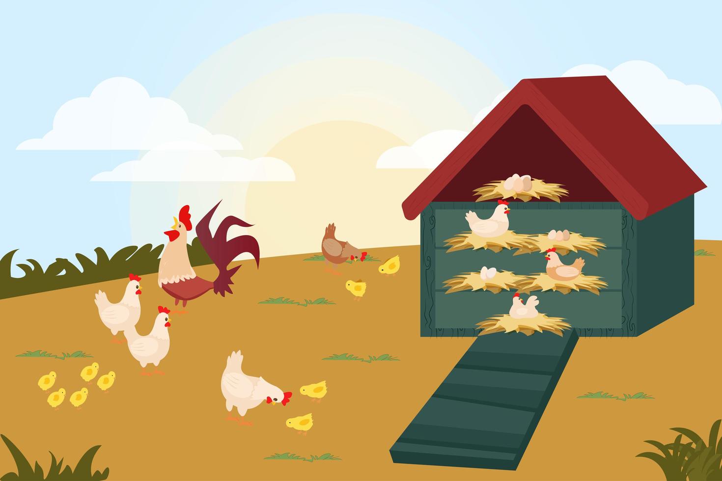 rooster and chicken coop vector