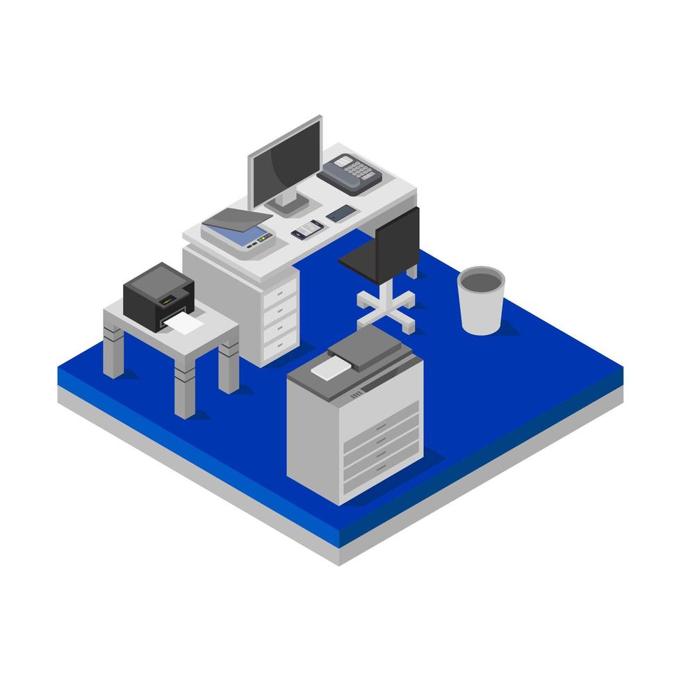 Isometric Office Desk On White Background vector