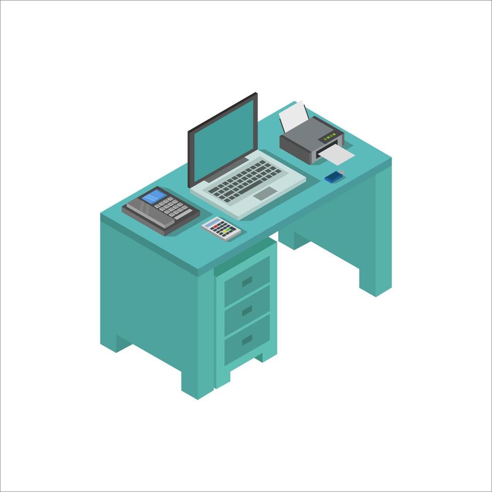 Office Desk Isometric Illustrated On White Background vector