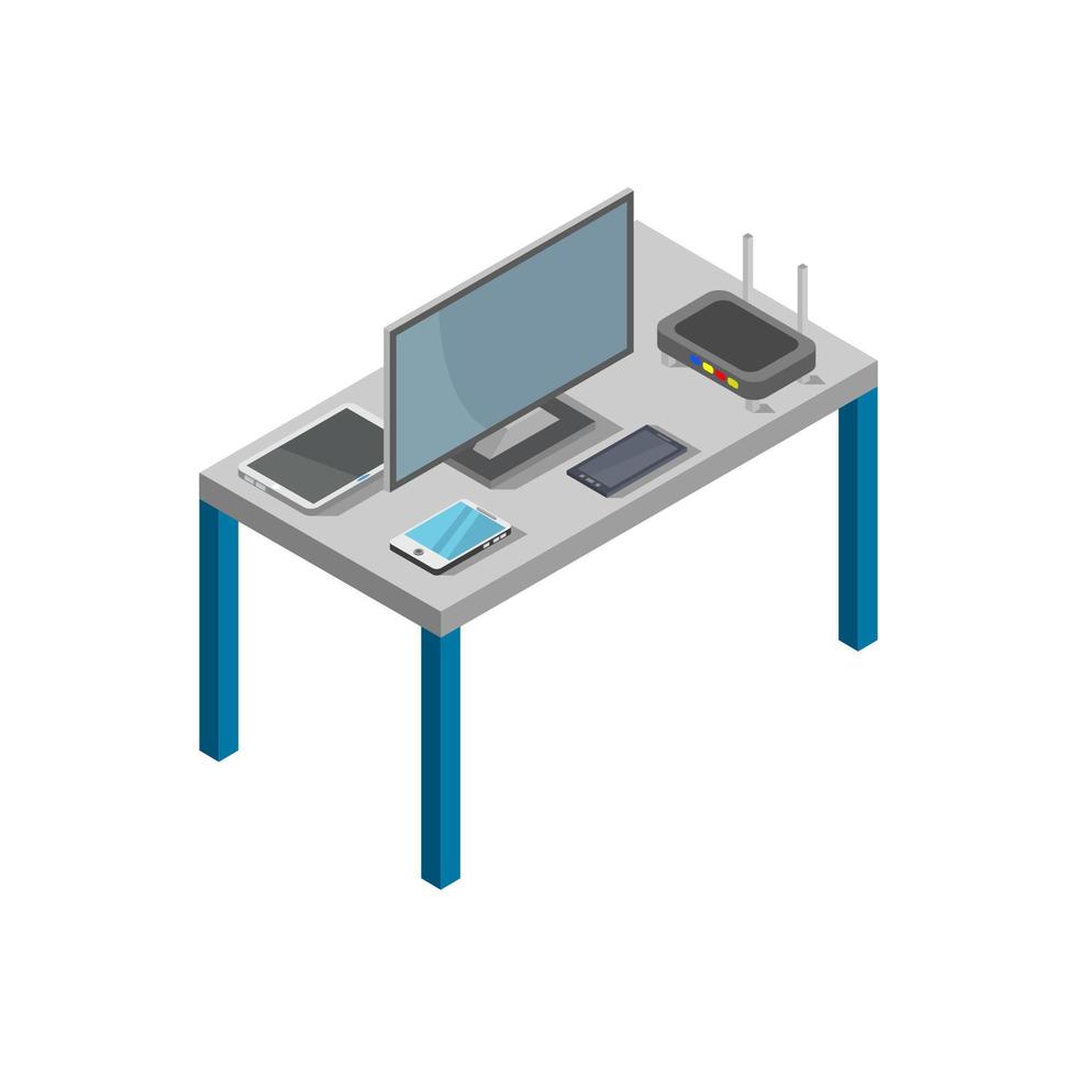 Isometric Office Desk On White Background vector