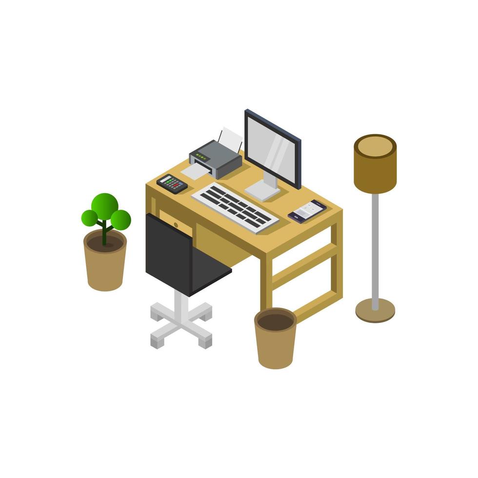 Isometric Office Desk On White Background vector