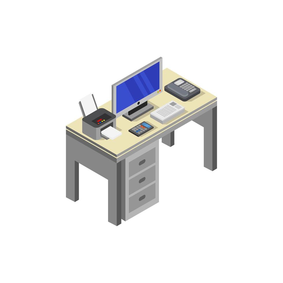 Isometric Office Desk On White Background vector