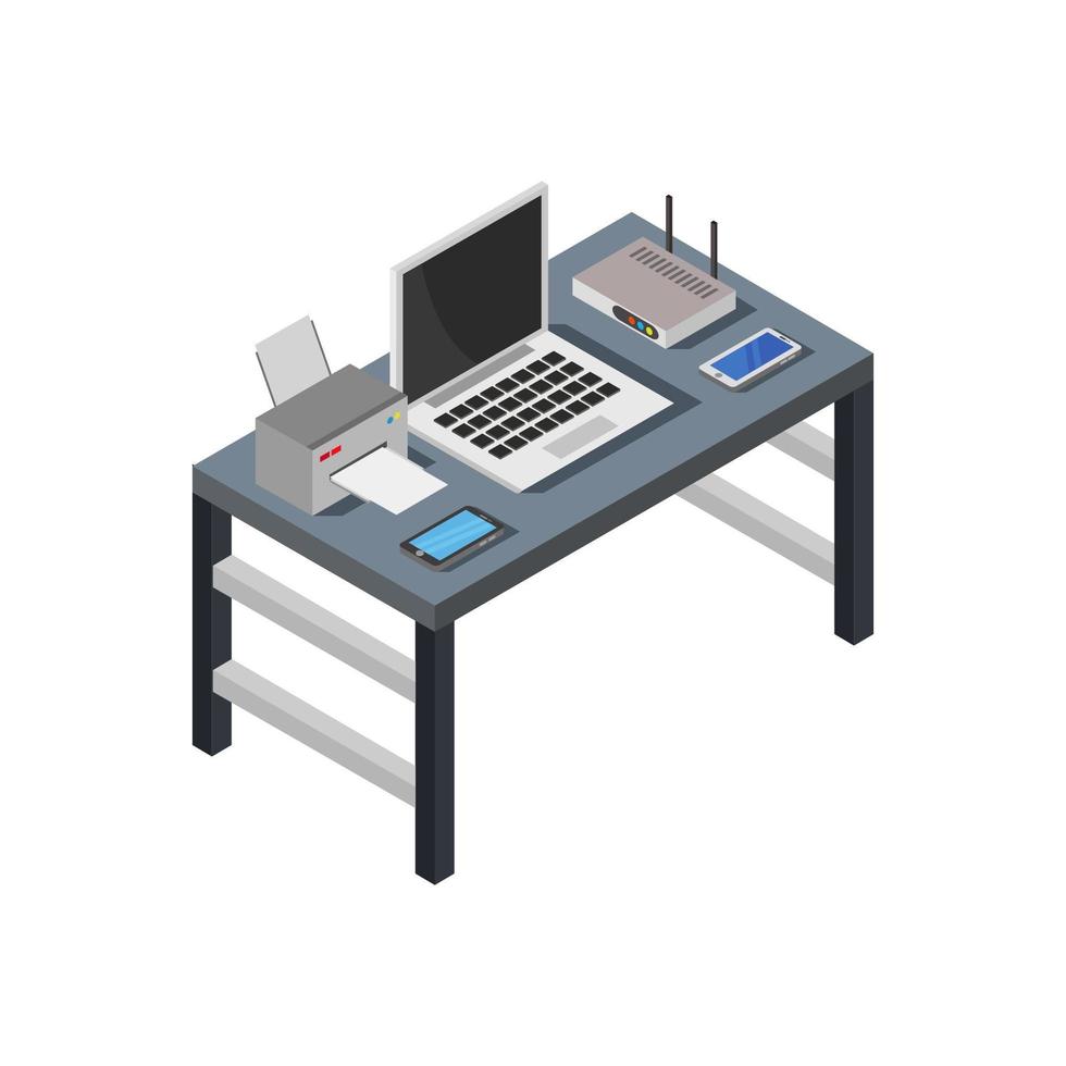 Isometric Office Desk On White Background vector