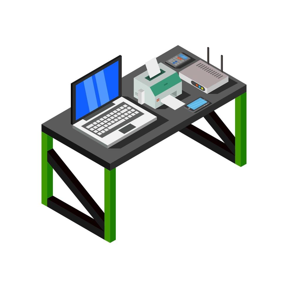 Isometric Office Desk On White Background vector