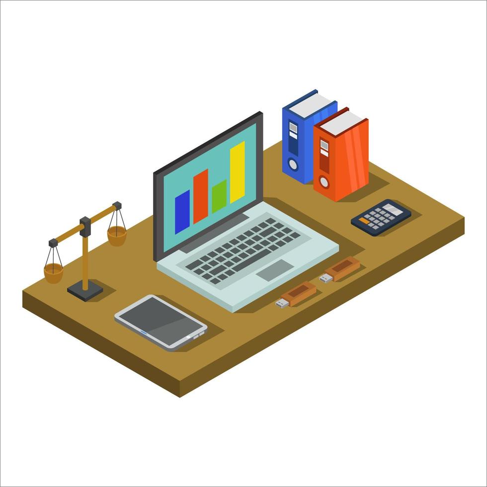 Office Desk Isometric Illustrated On White Background vector