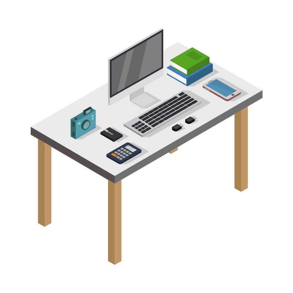 Isometric Office Desk On White Background vector