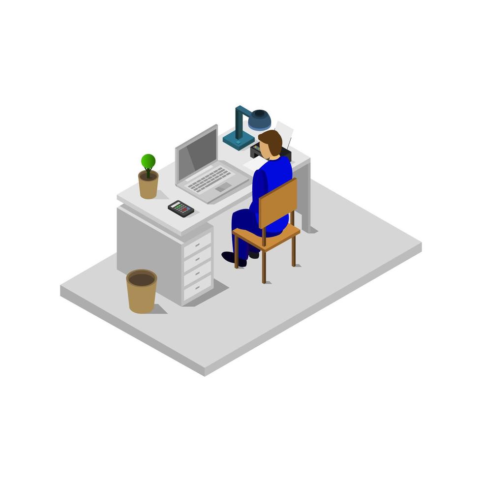 Isometric Office Desk On White Background vector