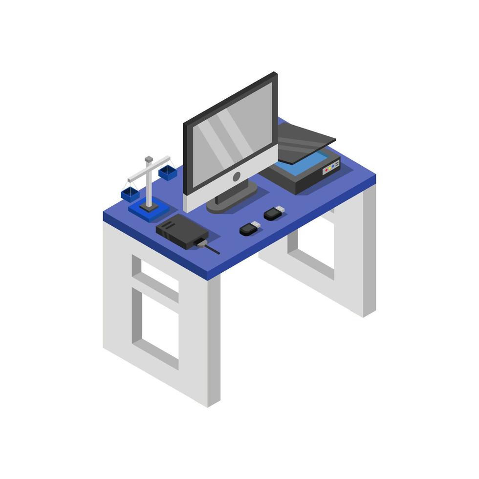 Isometric Office Desk On White Background vector