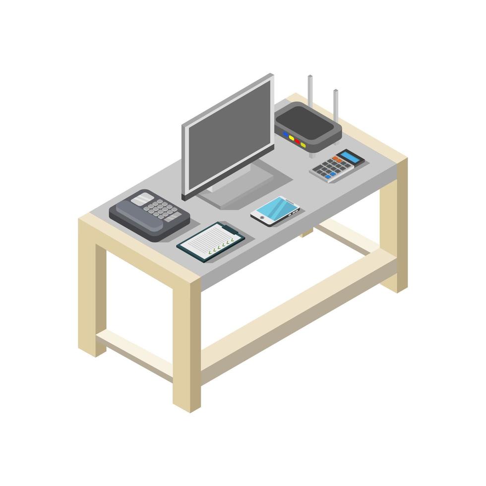 Isometric Office Desk On White Background vector