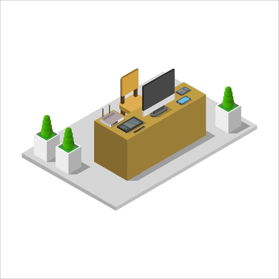 Office Desk Isometric Illustrated On White Background vector