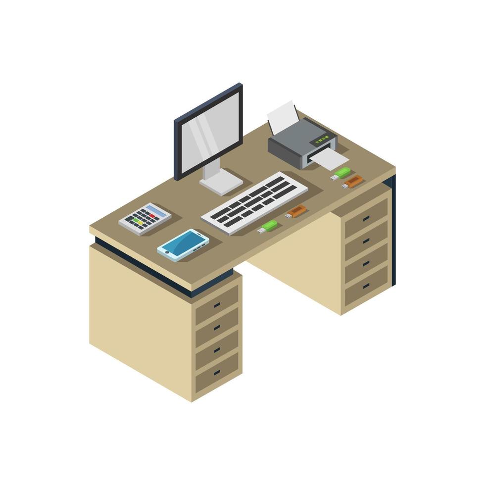 Isometric Office Desk On White Background vector