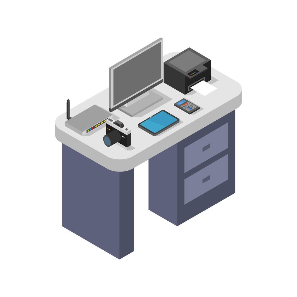 Isometric Office Desk On White Background vector