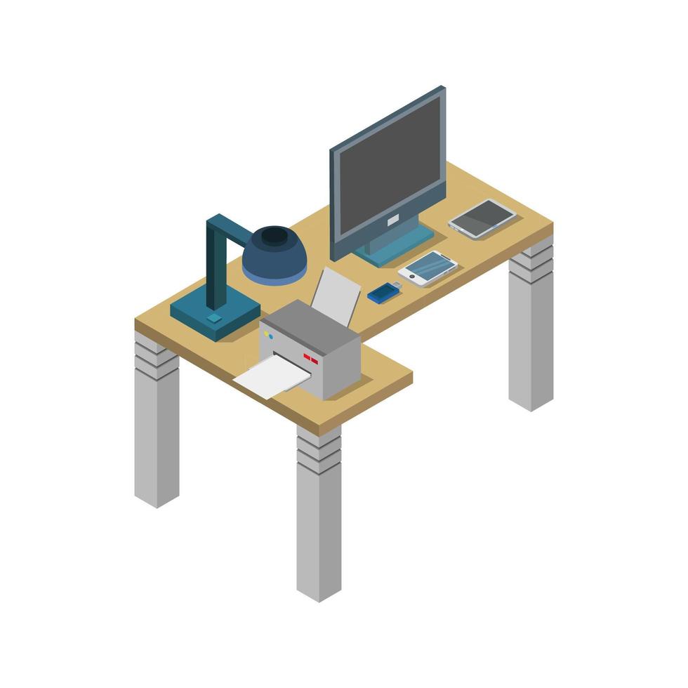 Isometric Office Desk On White Background vector