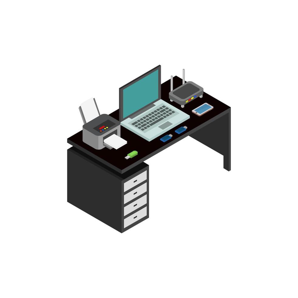 Isometric Office Desk On White Background vector