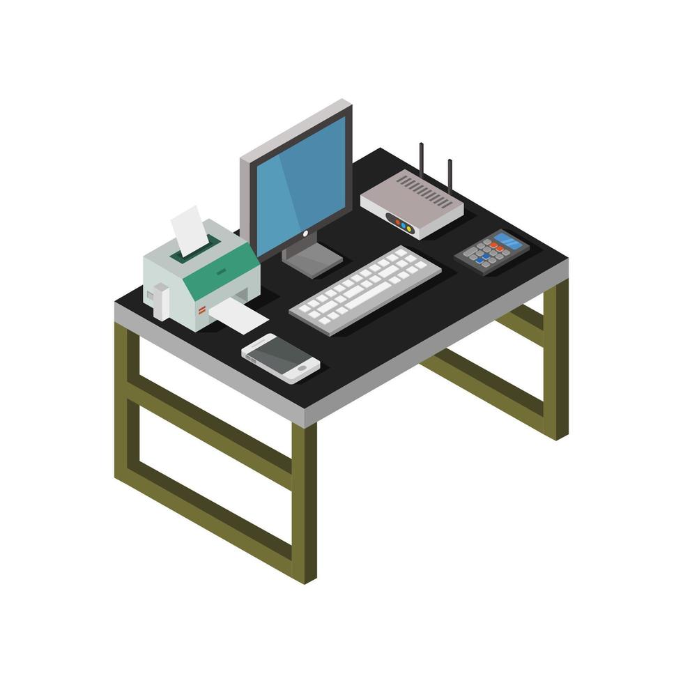 Escritorio de oficina isométrica sobre fondo blanco. vector