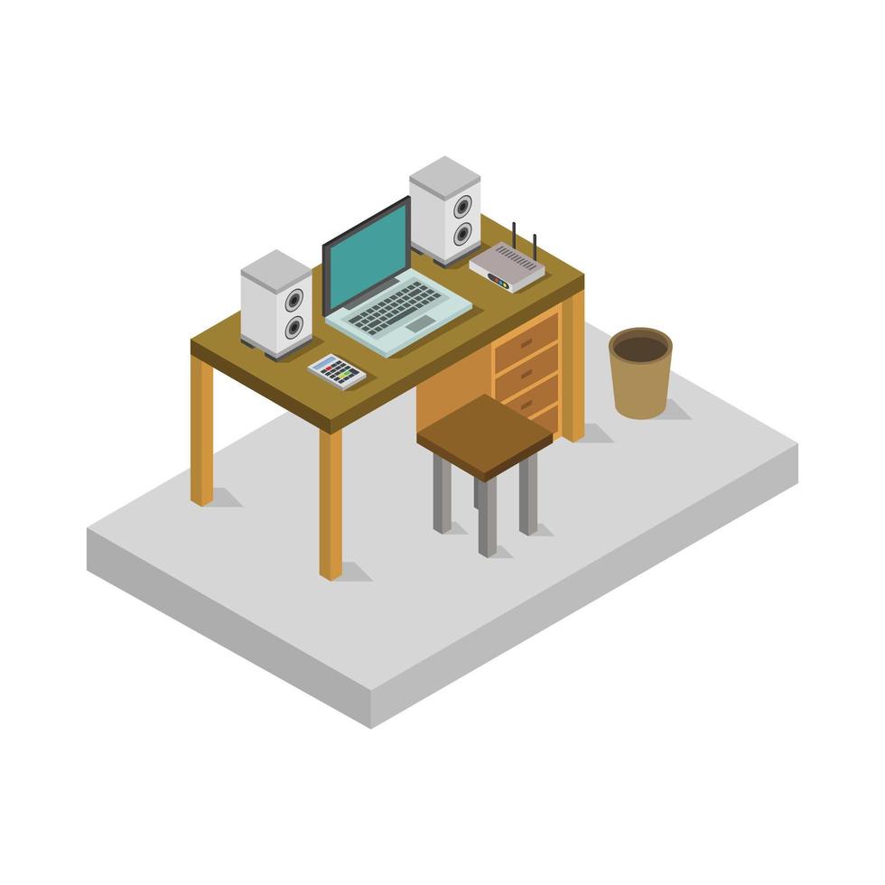 Isometric Office Desk On White Background vector