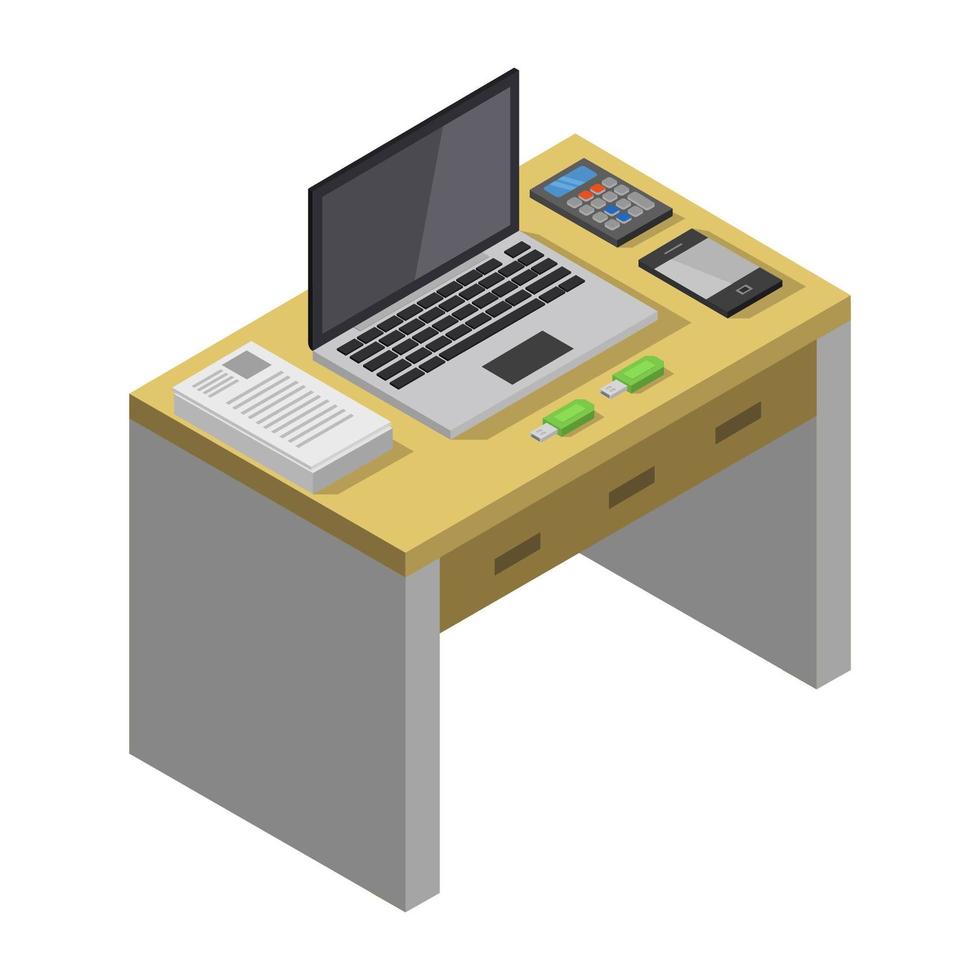 Isometric Office Desk On White Background vector