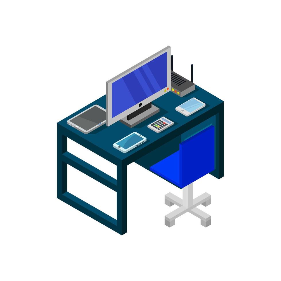 Isometric Office Desk On White Background vector