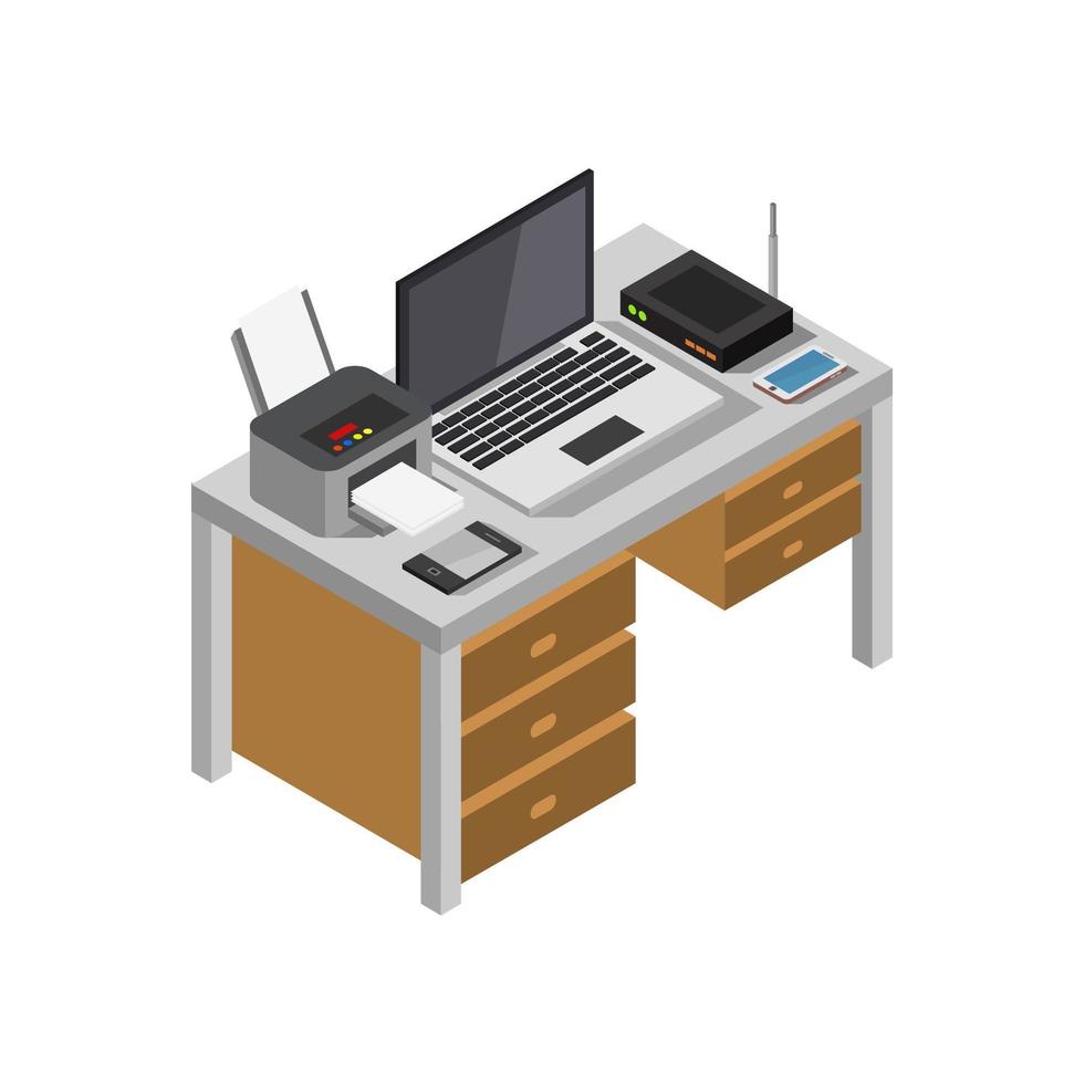 Isometric Office Desk On White Background vector