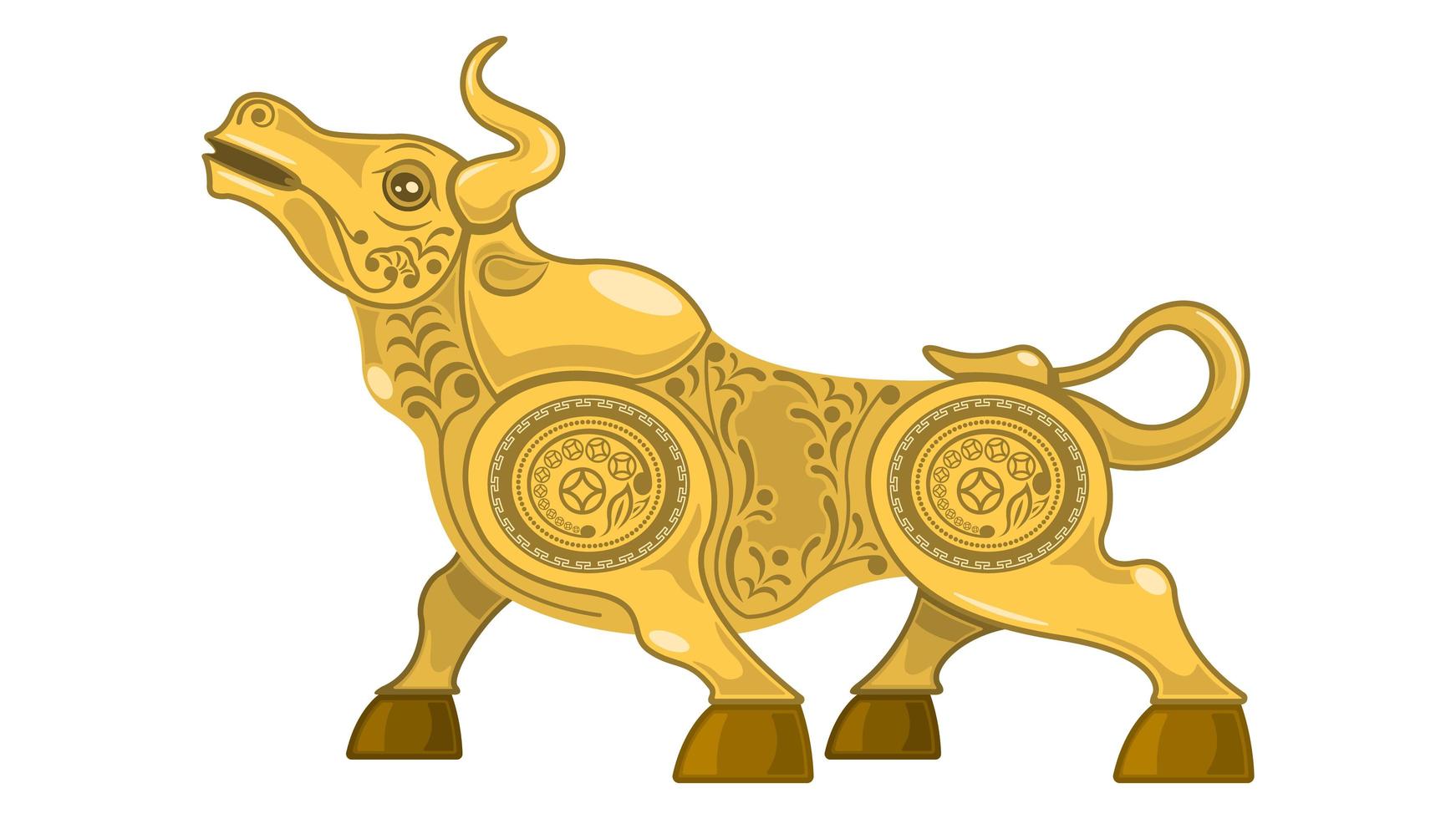 Metal Gold Bull, Ox Side View with Flower Pattern vector