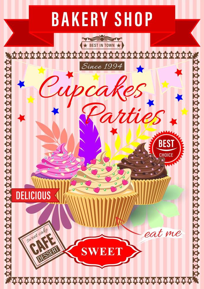 Poster for Cupcake Parties, Cake with Cream in a Waffle Bowl vector