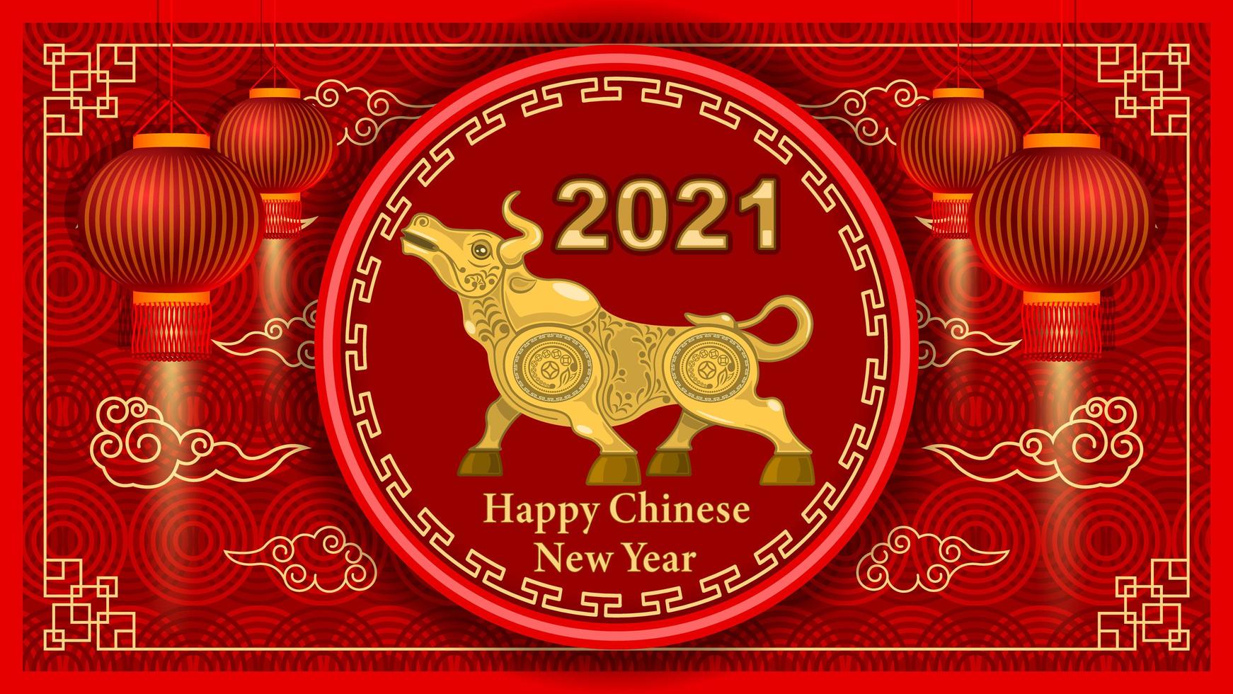 2021 Metal Gold Bull and Pattern Elements on Red Background vector