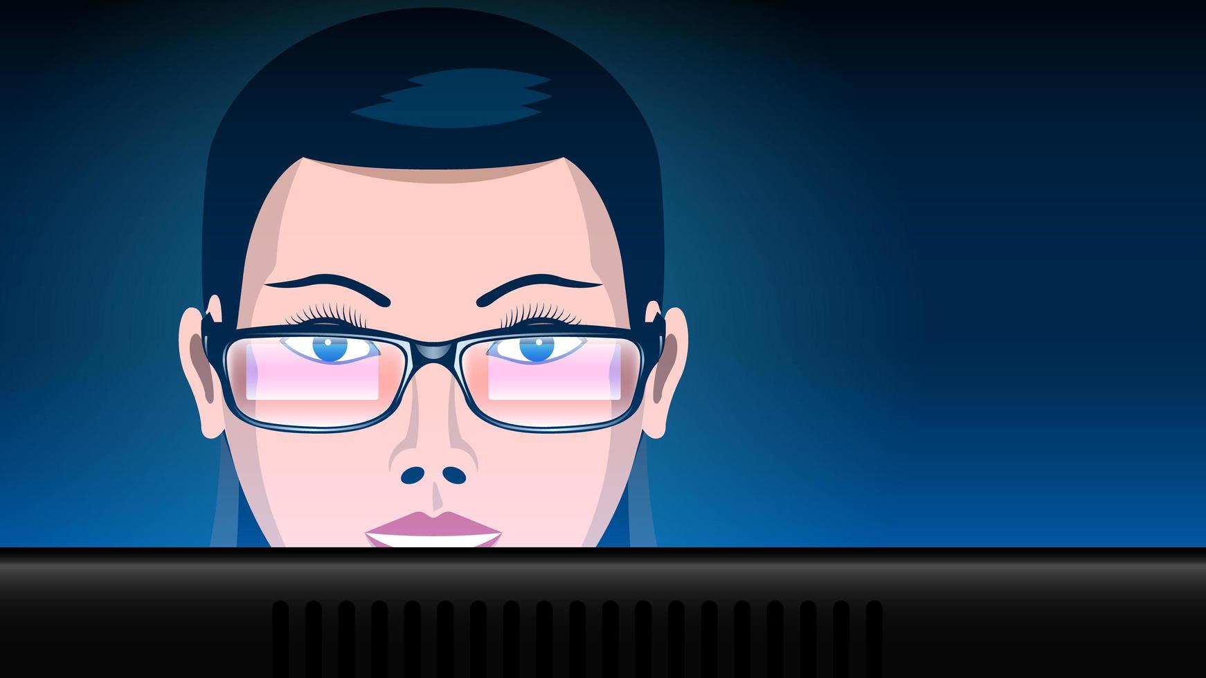 Close Up Woman in Glasses on Work Computer vector