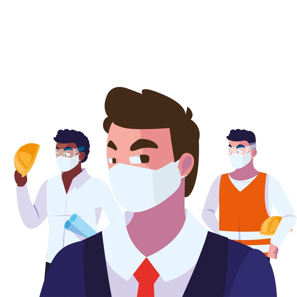 engineers and executive wearing face masks vector illustration design