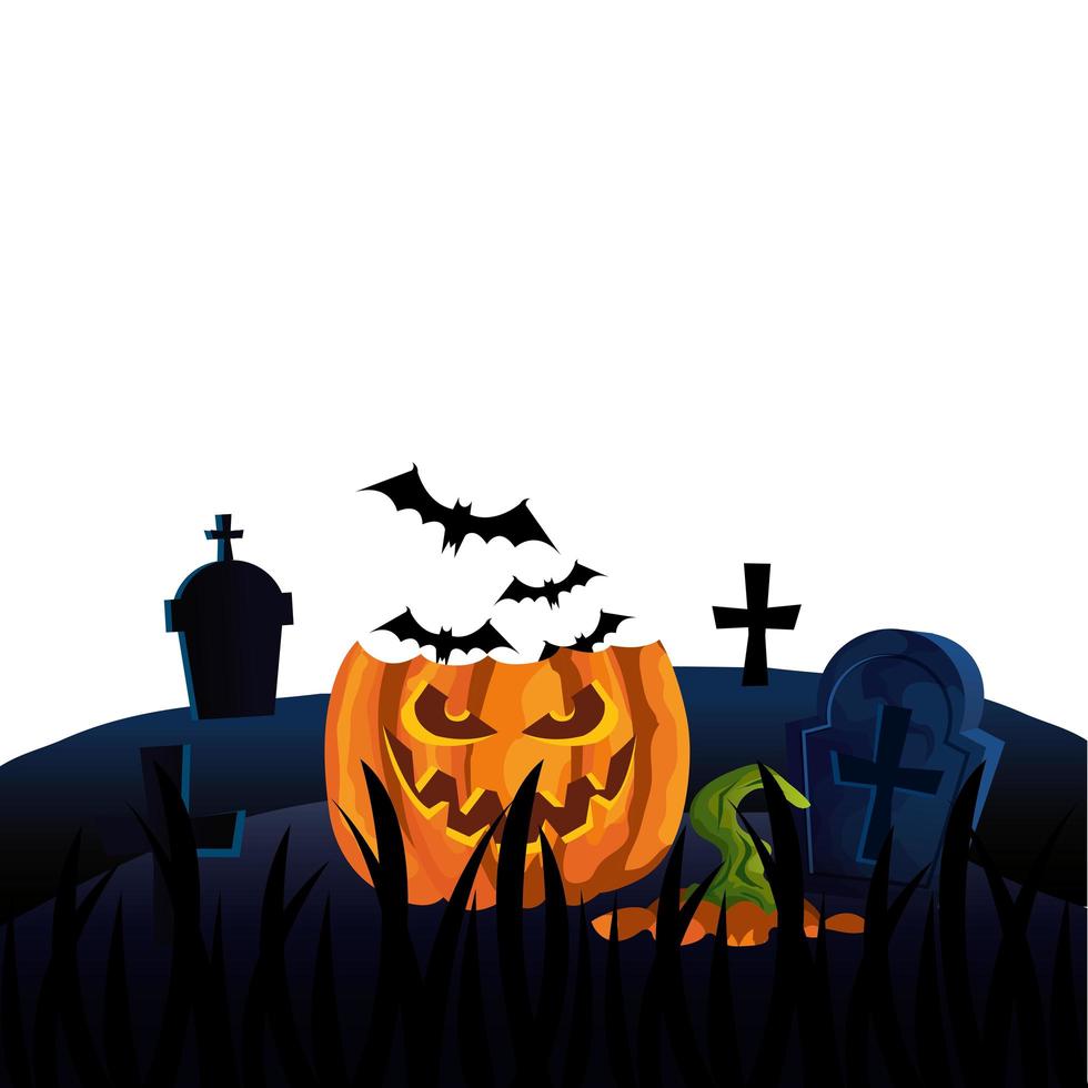 halloween broken pumpkin with bats flying in cemetery vector