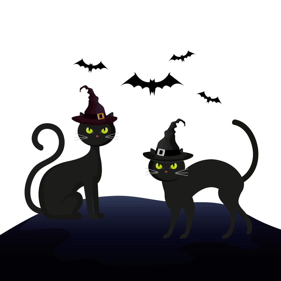 gatos felinos halloween con sombrero bruja y murciélagos volando vector