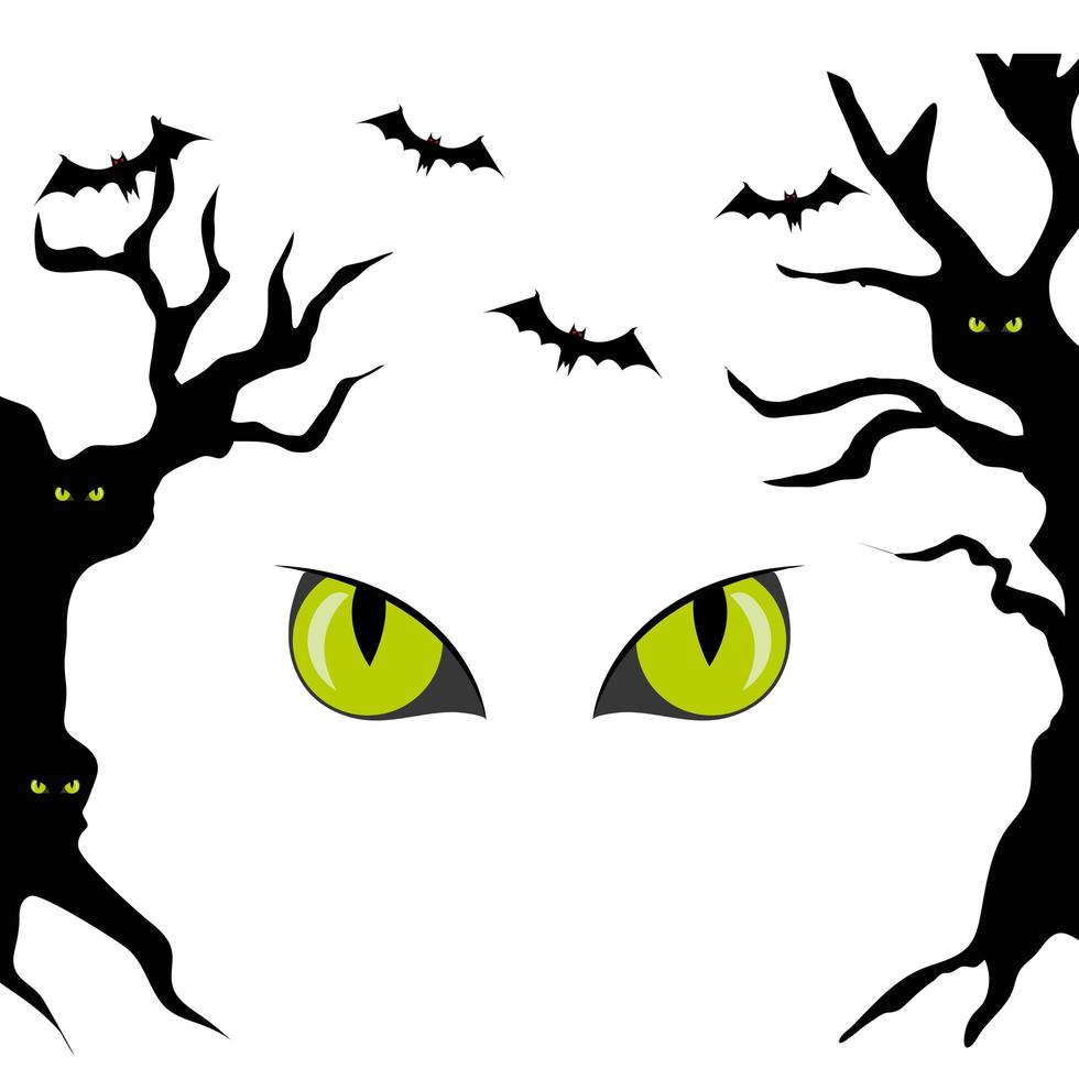 haunted dry trees with eyes scary and bats flying vector