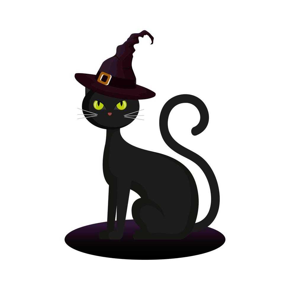 gato felino halloween con sombrero bruja vector