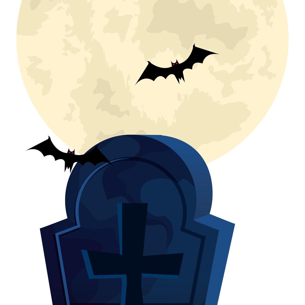 halloween tomb with bats flying vector