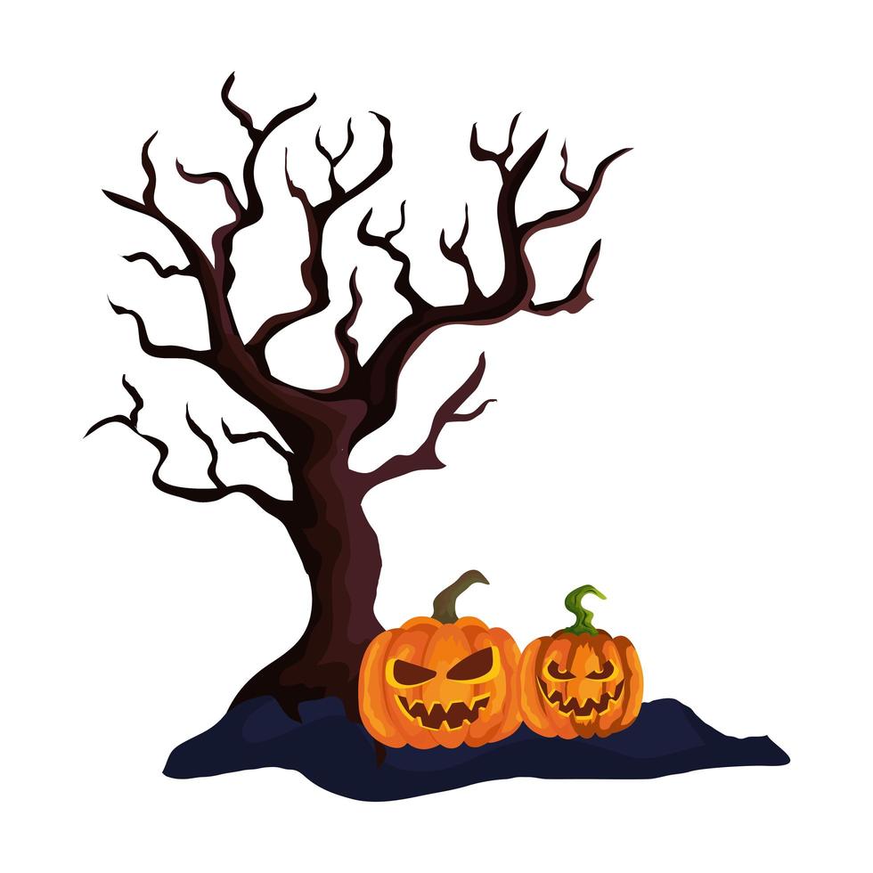 dry tree with halloween pumpkins vector