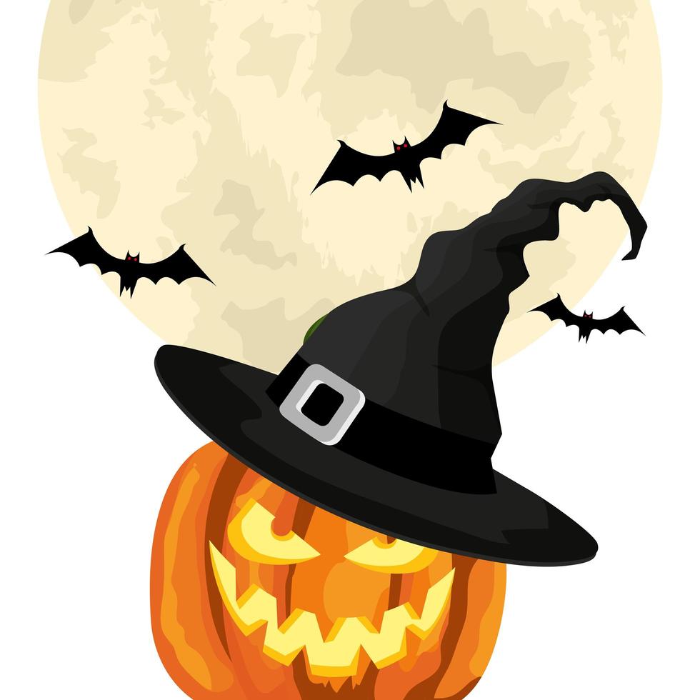 halloween pumpkin with hat witch and bats flying vector